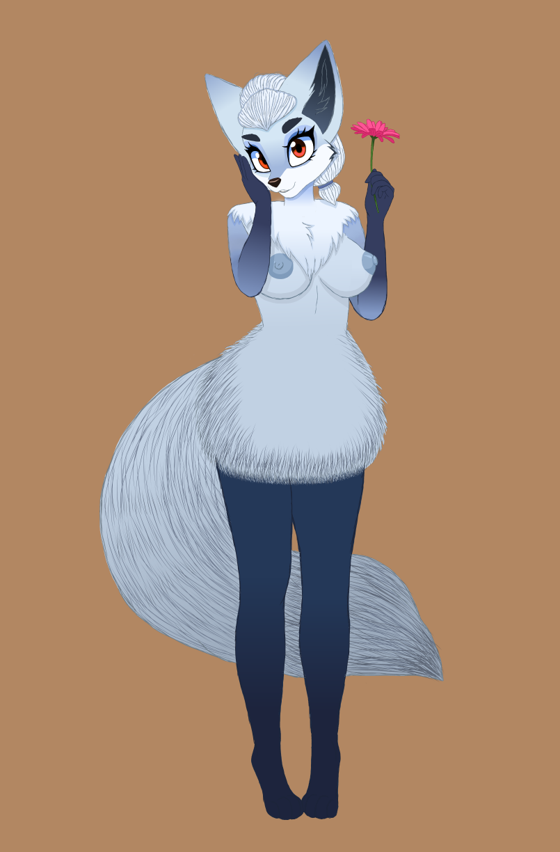 anthro areola big_ears big_eyes breasts brown_eyes female flower nipples plant pose solo standing cocaine-leopard conditional_dnp sheep_and_wolves wizart_animation simone_(sheep_and_wolves) arctic_fox canid canine fox mammal true_fox hi_res pinup