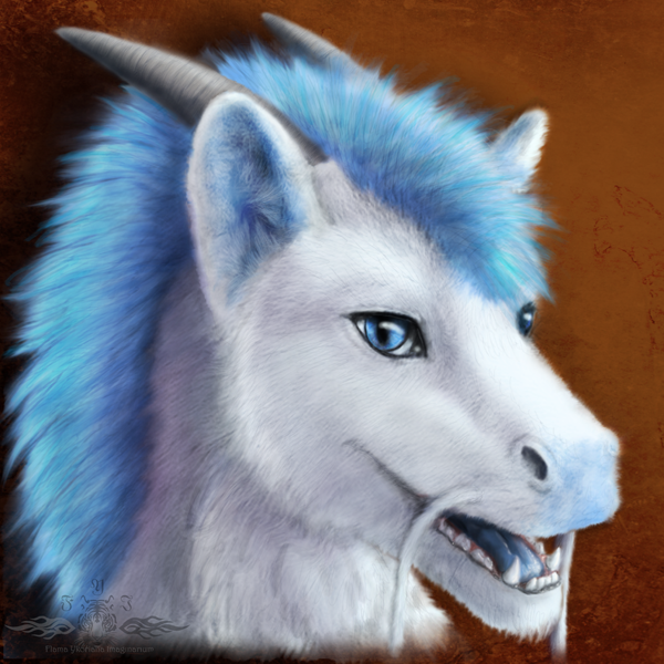 anthro blue_eyes blue_hair fur hair horn male nude open_mouth open_smile smile solo teeth white_body white_fur ykoriana mythology dragon furred_dragon furred_scalie mythological_creature mythological_scalie scalie 1:1 2013 headshot_portrait icon portrait watermark