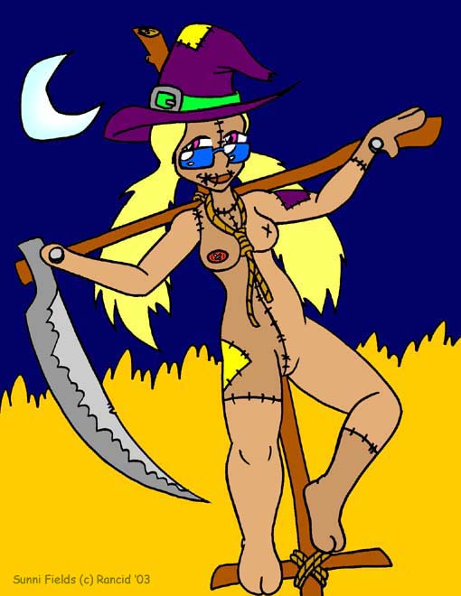 anthro blade blade_arm bladed_weapon blonde_hair bound button_nipples clothing eyewear female genitals hair hat headgear headwear melee_weapon moon nailed night nude nude_female polearm scarecrow scythe sewn_mouth solo sunglasses tied_to_pole weapon weapon_hand witch_hat rancid living_scarecrow patchwork_creature undead