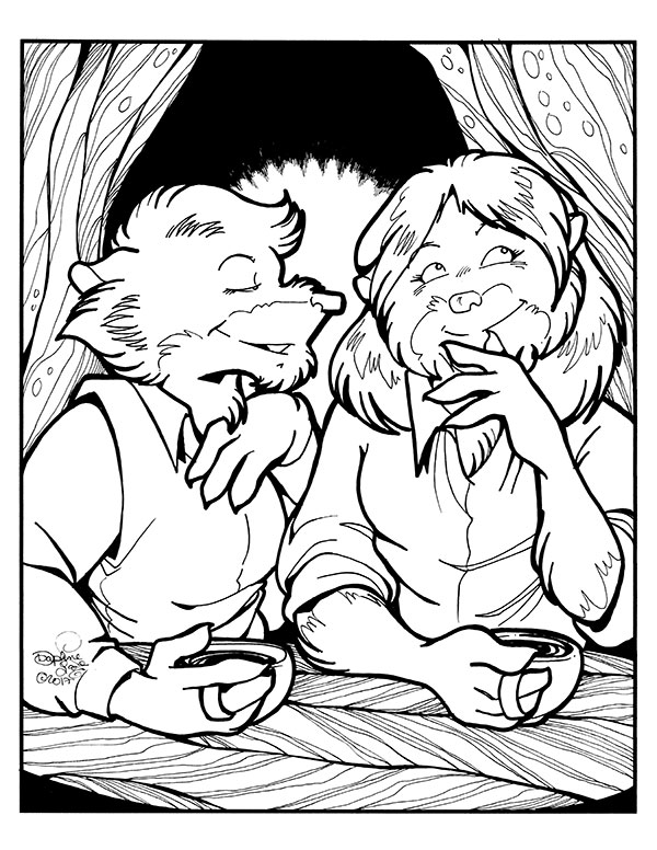 anthro beverage border claws clothed clothing container cup duo eyes_closed female fur hair inside long_hair rolled_up_sleeves shirt smile tea topwear tunic vest white_border daphne_lage don_bluth the_secret_of_nimh mammal murid murine rat rodent black_and_white monochrome signature story story_in_description