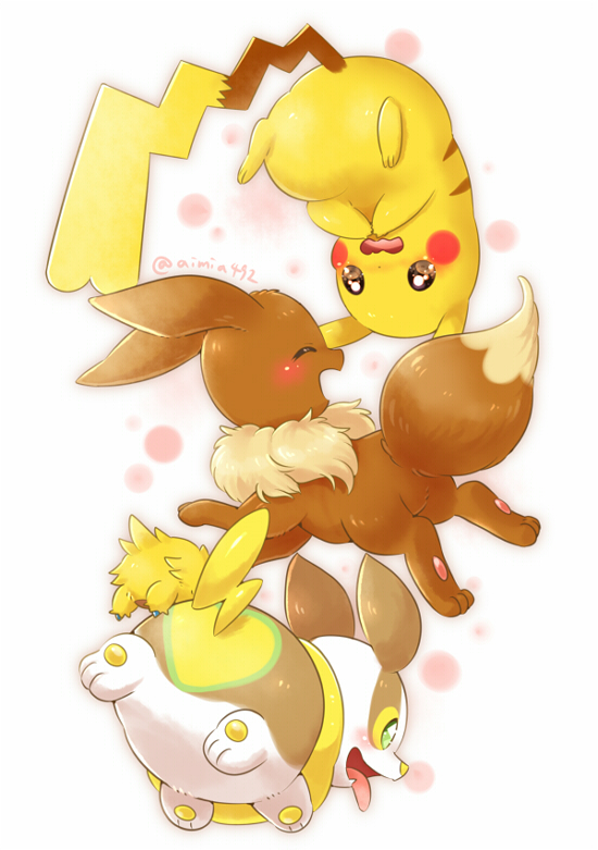 ambiguous_gender blush brown_body brown_fur butt feral fur group simple_background tongue tongue_out upside_down white_background white_body white_fur yellow_body yellow_fur aimia492 nintendo pokemon eevee generation_1_pokemon generation_5_pokemon generation_8_pokemon joltik pikachu pokemon_(species) yamper signature