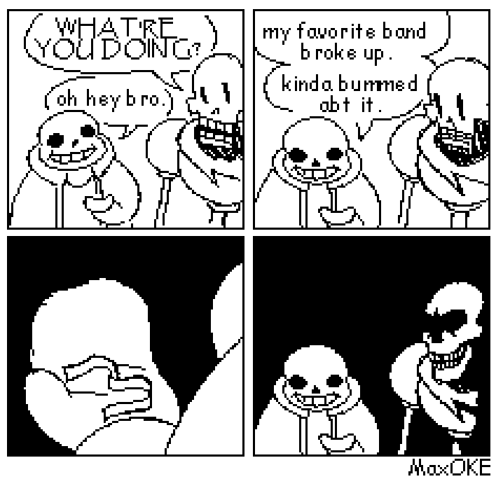 annoyed bone clothing costume dialogue duo eyeless gloves handwear hoodie humor male open_mouth pun rubber_band scarf skeleton smug smug_face speechless sweater talking_to_another teeth text topwear maxoke undertale undertale_(series) papyrus_(undertale) sans_(undertale) animated_skeleton humanoid undead black_and_white comic english_text monochrome brother_(lore) brothers_(lore) sibling_(lore)