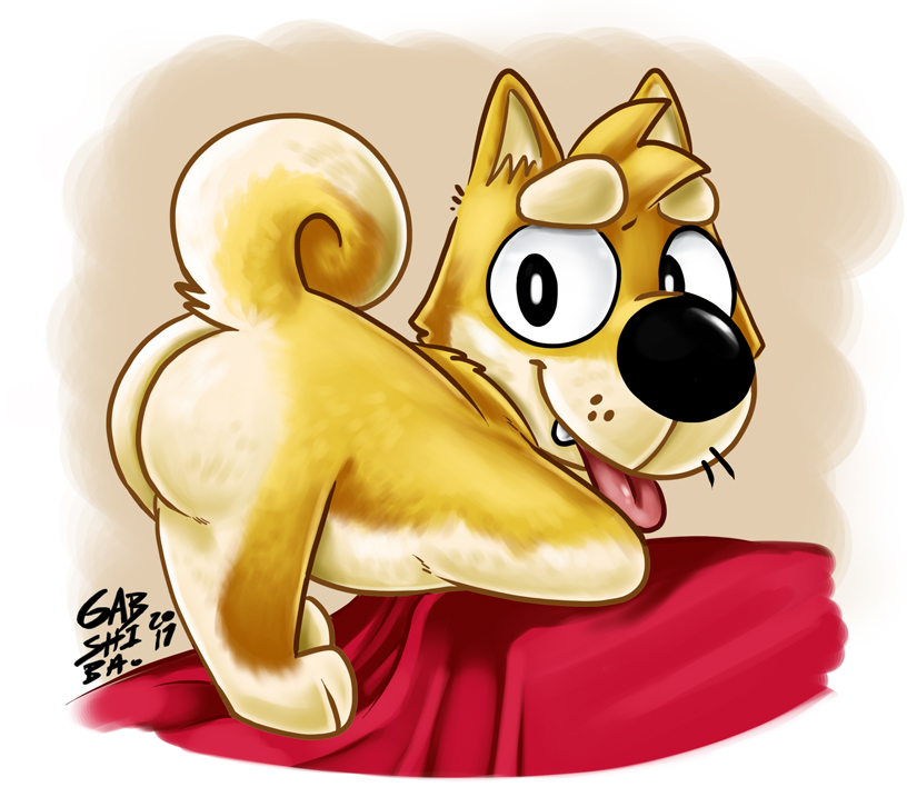 anthro black_eyes black_nose butt fur male nude orange_body orange_fur red_cloth smile solo tan_body tan_fur teeth_showing tongue tongue_out tongue_showing whiskers gabshiba gab_(comic) gab_shiba canid canine canis domestic_dog mammal shiba_inu spitz 2017 signature