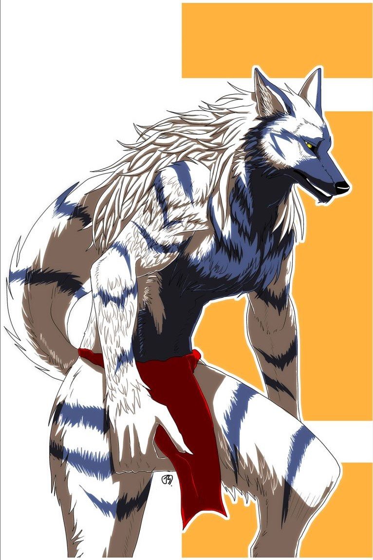 anthro black_nose bottomwear clothing fur loincloth male multicolored_body multicolored_fur solo two_tone_body two_tone_fur yellow_eyes aogoushitsu aozora_(nosada) canid canine canis mammal wolf 2:3