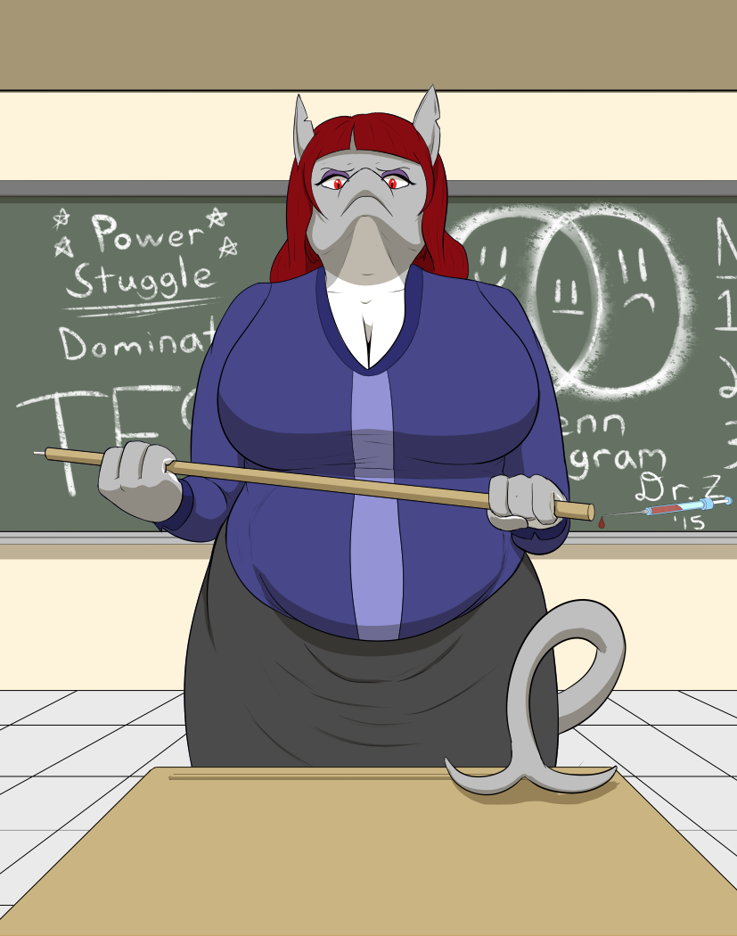 angry anthro big_breasts breasts chalkboard classroom cleavage clothed clothing detailed_background female grey_body hair information_board inside non-mammal_breasts overweight overweight_female red_eyes red_hair school solo teacher dr_zombie samantha_diletto fish marine shark