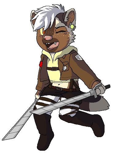 ambiguous_gender anthro belt boots brown_belt brown_body brown_clothing brown_fur brown_inner_ear brown_jacket brown_topwear chibi clothed clothing cosplay crop_top cropped_jacket dual_wielding ear_piercing eyebrows fangs footwear freckles fur gauged_ear hair harness holding_melee_weapon holding_object holding_sword holding_swords holding_weapon jacket melee_weapon midriff omni-directional_mobility_gear one_eye_closed open_mouth piercing pink_nose pink_tongue plantigrade plug_(jewelry) shirt shoes simple_background solo sword tail teeth tongue topwear transparent_background weapon white_hair yellow_clothing yellow_crop_top yellow_shirt yellow_topwear sebdoggo attack_on_titan gulonine mammal mustelid musteline wolverine 2014 aliasing alpha_channel cel_shading digital_media_(artwork) full-length_portrait microsoft_paint_(artwork) portrait shaded