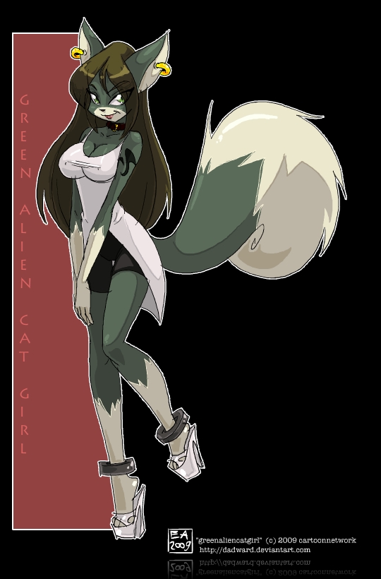 anklet anthro clothing cuff_(restraint) ear_piercing female footwear green_eyes high_heels jewelry piercing restraints shackles shoes slave solo tail tongue tongue_out dadward cartoon_network megas_xlr green_alien_catgirl alien domestic_cat felid feline felis mammal 2009