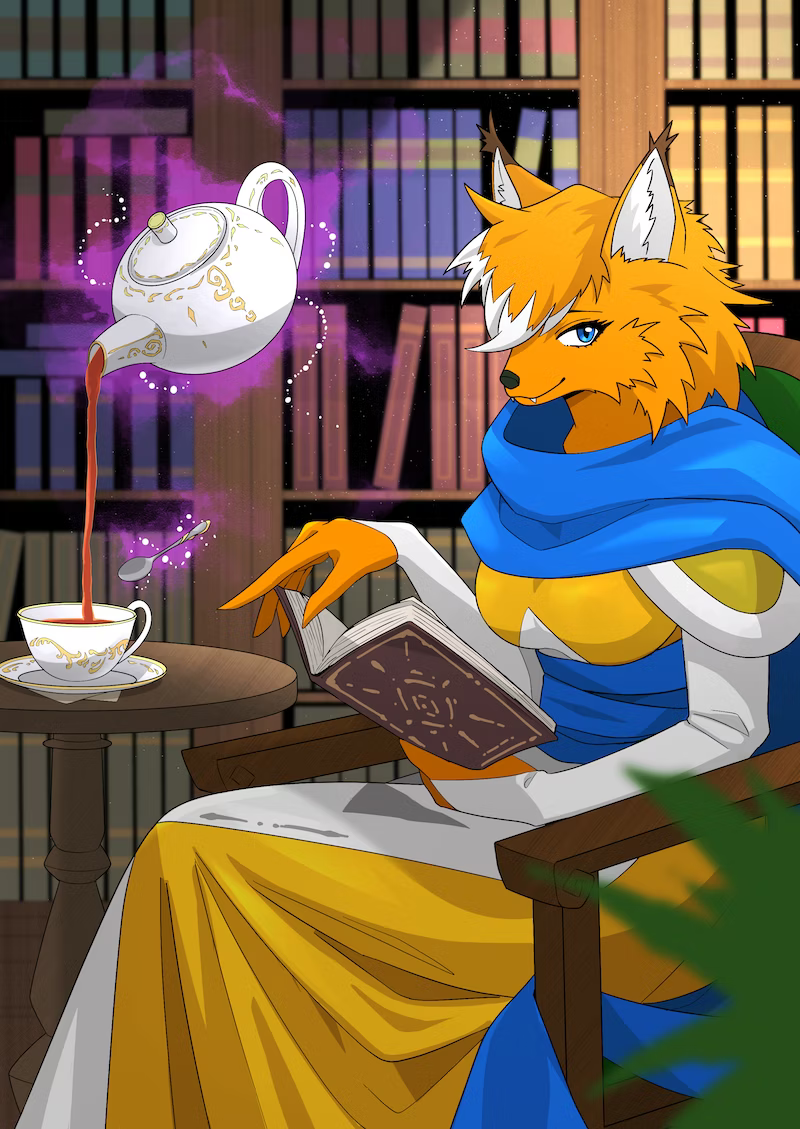 anthro beverage book bookshelf clothed clothing dress female furniture looking_at_viewer magic magic_user reading reading_book sash sitting solo tea hanato34 sega shining_(sega) alef_(shining) canid canine fox mammal