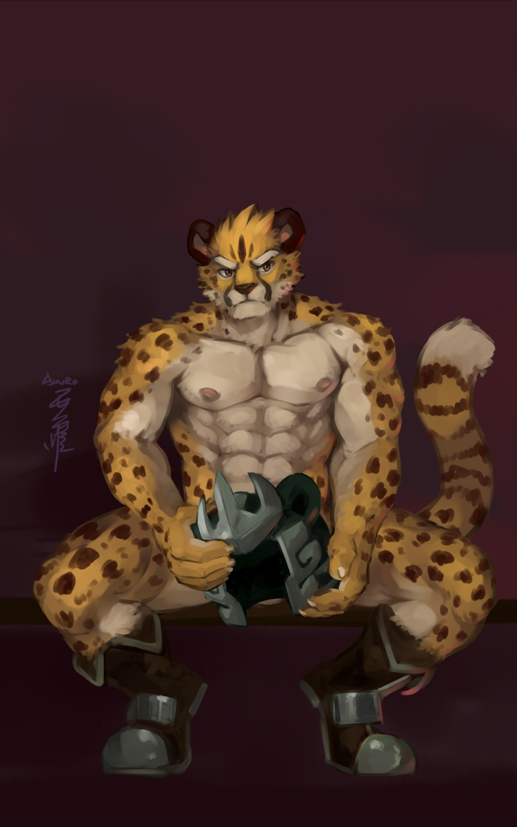 abs anthro biceps fur male muscular muscular_anthro muscular_male nipples pecs simple_background solo standing ainro cheetah felid feline mammal 5:8 hi_res