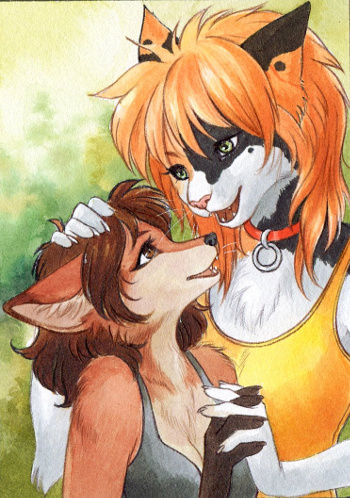 anthro black_nose brown_eyes brown_hair claws clothing collar duo eye_contact eyebrows eyelashes female female/female finger_claws fur green_eyes hair hand_holding inner_ear_fluff looking_at_another mottled piebald pink_nose tuft nekoart iris_(zepompom) lyra_(zepompom) amur_carp calico_cat canid canine carp cyprinid cypriniform domestic_cat felid feline felis fish fox furred_fish furred_marine furred_shark hybrid koi mammal marine shark typical_carp 2018 low_res