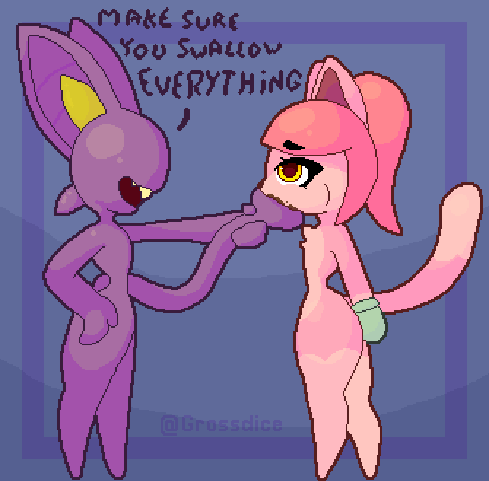 anthro big_ears cuff_(restraint) duo eating_feces feces feces_in_mouth feces_on_face female female/female force_feeding forced hair intersex intersex/female neck_bulge pink_body pink_hair pipelining purple_body restraints scatplay shackles smile speech_bubble tail text yellow_eyes grossdice delta_(grossdice) vicky_(grossdice) alien domestic_cat felid feline felis mammal animated digital_media_(artwork) hi_res pixel_(artwork) pixel_animation short_playtime