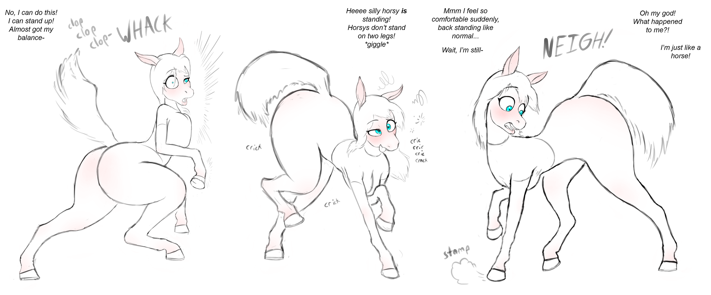 e621 2018 5_fingers anthro bendzz big_butt biped blue_eyes blush breasts busty_feral butt butt_expansion clothed clothing confusion dialogue english_text equid equine female feral fingers hi_res hooves horse human human_to_anthro hypnosis inflation mammal mind_control open_mouth restricted_palette sequence simple_background solo species_transformation standing text tongue transformation white_background wide_eyed