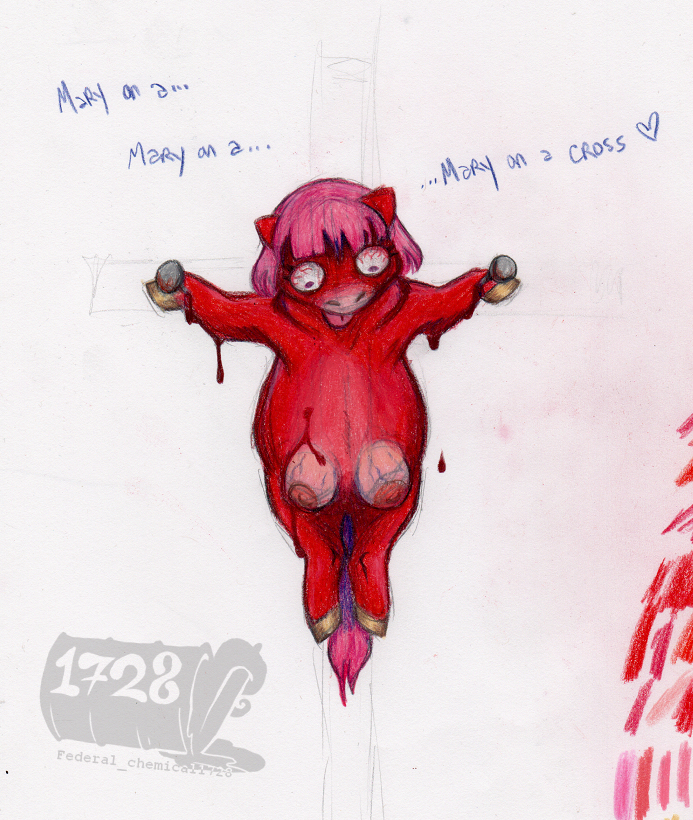 areola blood blood_drip bloodshot_eyes blue_text bodily_fluids bulging_eyes color_swatch crotch_breasts crucifixion death dripping female female_feral feral front_view fur heart_symbol hooves horror_(theme) mane nail nail_in_wrist nailed nipples pink_mane pink_tail pink_tongue pregnant pregnant_female pregnant_feral red_body red_fur simple_background solo tail tan_hooves text tongue tongue_out unguligrade vein white_background ed_mortis fluffy_pony mary_(ed_mortis) fluffy_pony_(species) mammal 2023 colored_pencil_(artwork) english_text handwritten_text shaded story story_in_description traditional_media_(artwork) watermark