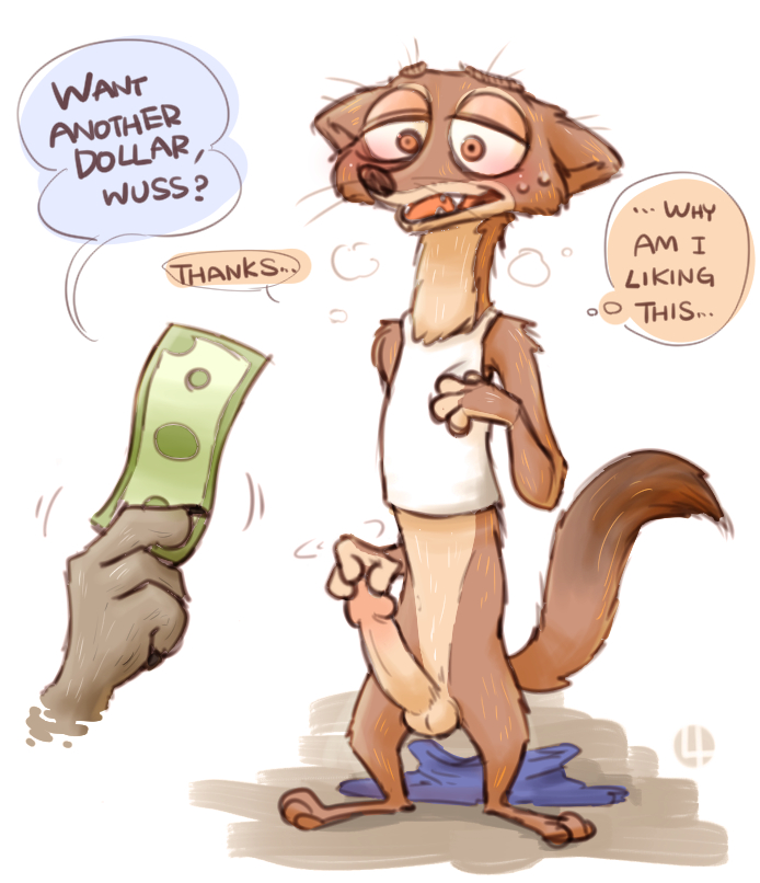 anthro balls blush bodily_fluids bottomless bottomwear clothed clothing duo erection genitals humanoid_genitalia humanoid_penis male masturbation money offering_money pants penile penile_masturbation penis prostitution shirt sweat tank_top text topwear 4pcsset disney zootopia duke_weaselton mammal mustelid musteline true_musteline weasel english_text