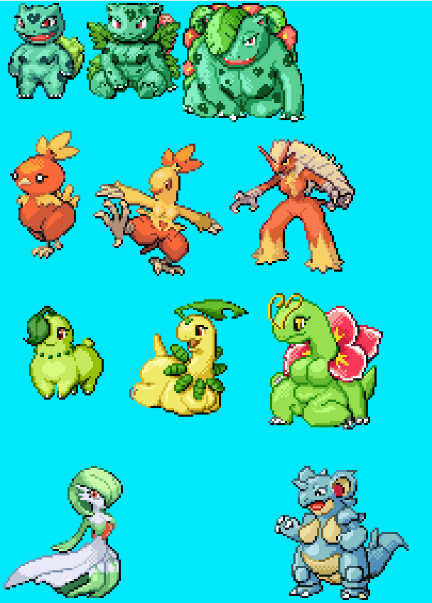 anthro anthrofied armless female feral genitals group partial_nudity pussy short_legs crossman nintendo pokemon blaziken bulbasaur chikorita combusken gardevoir generation_1_pokemon generation_2_pokemon generation_3_pokemon ivysaur nidoqueen pokemon_(species) torchic venusaur digital_media_(artwork) pixel_(artwork)