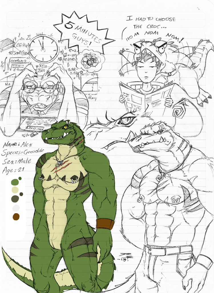 abs animal_genitalia annoyed anthro bite black_markings clothed clothing duo eyebrow_piercing eyebrow_ring facial_piercing genital_slit genitals green_body holding_newspaper holding_object jewelry male markings mouth_closed narrowed_eyes necklace newspaper nipple_piercing nipple_ring nipples nose_piercing nose_ring nostril_ring nude pecs piercing reading_newspaper ring_piercing simple_background solo stressed striped_legs topless yellow_body yellow_eyes crazydrak alex_(jrbart) alligator alligatorid crocodilian human mammal reptile scalie 2013 dated partially_colored signature sketch_page