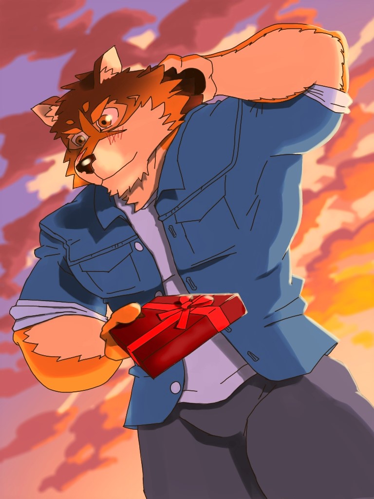 anthro blush countershading embarrassed giftbox hand_behind_head holidays male pawpads solo sunset toratruck9 lifewonders live_a_hero valentine's_day barrel_(live_a_hero) canid canine canis mammal wolf 3:4