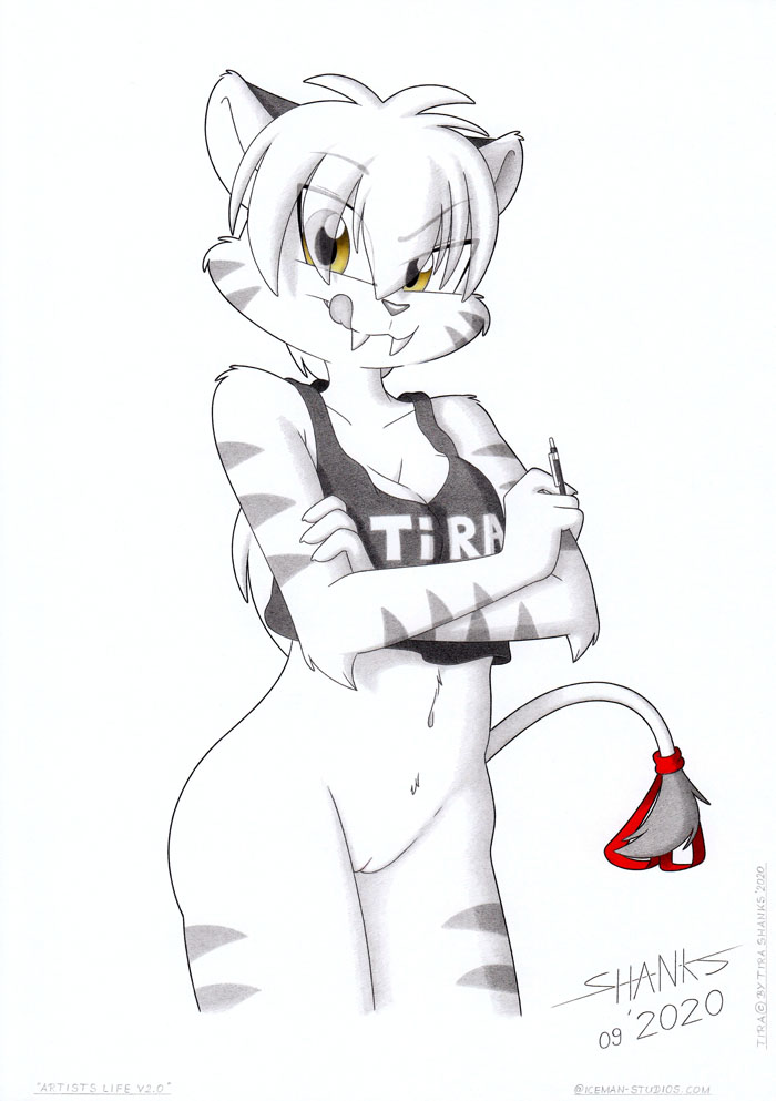 anthro bottomless breasts clothed clothing female genitals licking licking_lips licking_own_lips no_underwear pose pussy self_lick shirt smile solo tank_top tongue tongue_out toony topwear tirashanks_(artist) tira felid mammal pantherine prehistoric_species saber-toothed_tiger tiger pinup