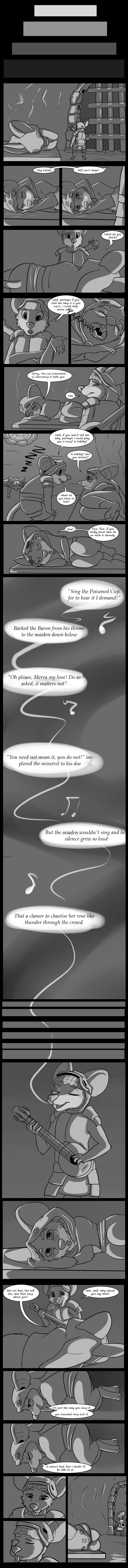 buckteeth clothed clothing curled_up dialogue dungeon eyes_closed feral hood inside lute lying musical_instrument on_side playing_music plucked_string_instrument prison semi-anthro singing sleeping string_instrument teeth text el-gallo ghost_of_a_tale fatale tilo mammal mouse murid murine rodent absurd_res comic english_text greyscale hi_res long_image monochrome tall_image