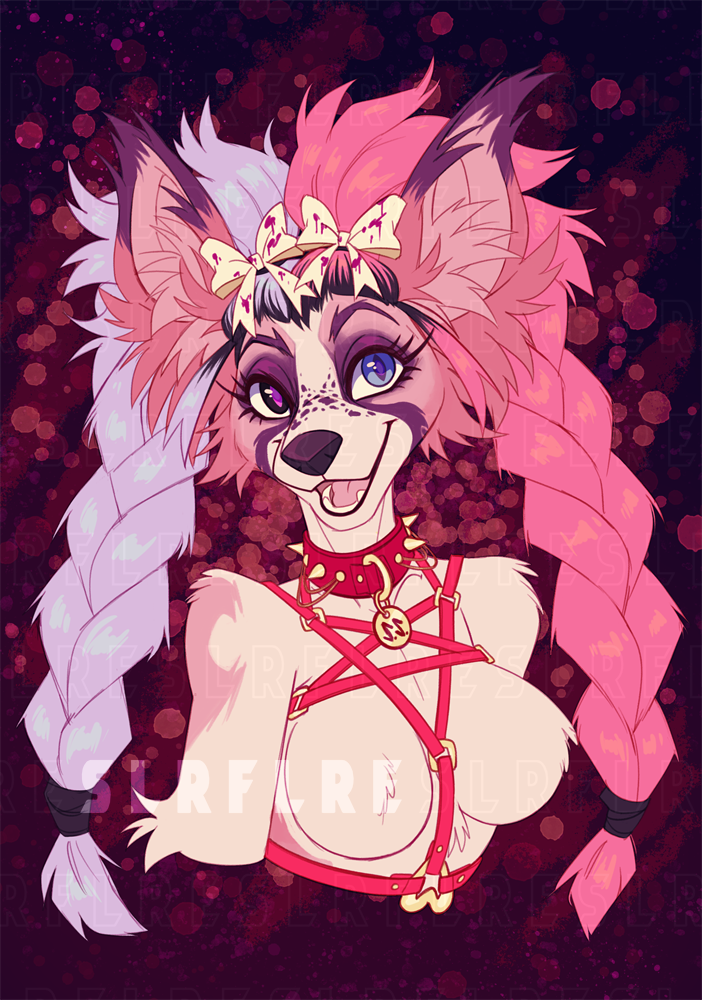 braided_hair collar eyebrows eyelashes featureless_crotch female hair heterochromia open_mouth pink_hair smile solo teeth tongue ailuranthropy canid canine canis domestic_dog mammal papillon toy_dog 2021 digital_media_(artwork)