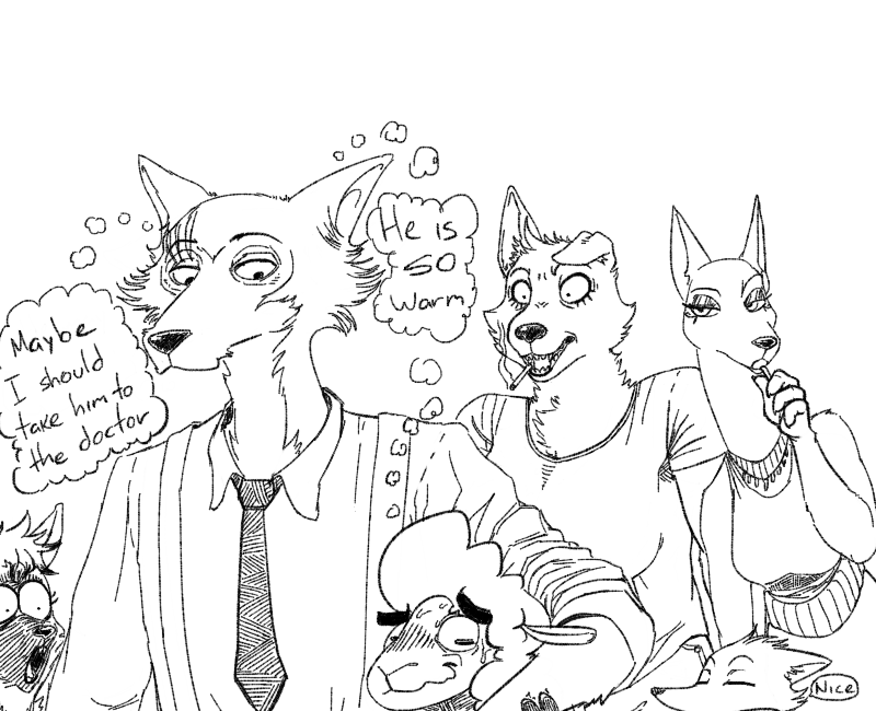 anthro blush candy cigarette clothed clothing dessert female food group lollipop male misunderstanding text thought_bubble jonsthaman beastars disney pack_street zootopia anneke_(weaver) avo_(weaver) betty_(weaver) charlie_(weaver) legoshi_(beastars) remmy_cormo aardwolf bovid canid canine canis caprine fox hyena jackal mammal sheep wolf crossover english_text monochrome