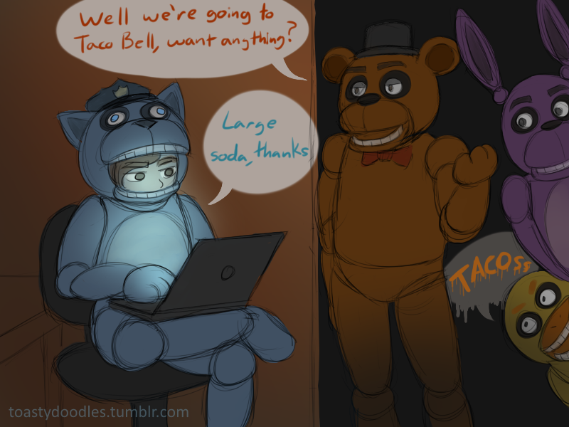 anthro clothing costume dialogue female fursuit group machine male not_furry_wearing_fursuit text toastydoddles five_nights_at_freddy's scottgames bonnie_(fnaf) chica_(fnaf) freddy_(fnaf) mike_schmidt animatronic avian bird human lagomorph leporid mammal rabbit robot 4:3 english_text