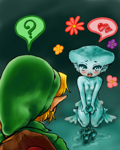 blonde_hair blush clothing duo egg female flower hair heart_symbol male nude plant shield young young_female young_humanoid unknown_artist nintendo ocarina_of_time the_legend_of_zelda princess_ruto young_link animal_humanoid humanoid hylian marine zora low_res