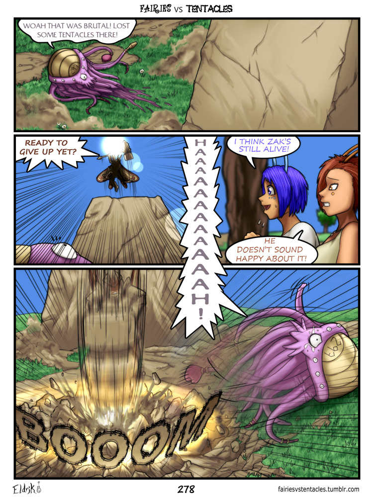 antennae_(anatomy) blue_eyes blue_hair breasts brown_hair clothed clothing dialogue facial_markings female hair head_markings markings not_furry speech_bubble text bobbydando fairies_vs_tentacles macey_(fvt) myri_(fvt) tarah_(fvt) zak_(fvt) fairy humanoid monster nihallaks_(species) 3:4 comic english_text url