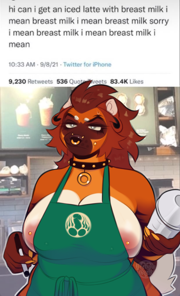 anthro apron apron_only areola areola_slip big_breasts breasts brown_body brown_fur brown_hair cheek_piercing claws clothing collar container count cup dialogue_box dual_holding ear_piercing facial_piercing female fur gauged_ear green_apron green_clothing hair holding_container holding_cup holding_object holding_pen humor menu mostly_nude nipple_piercing nipples nose_piercing nose_ring number pen piercing repeated_text ring_piercing septum_piercing shaker solo standing text time timestamp writing_utensil yeehaw_goth i_mean_breast_milk starbucks canid canine canis domestic_dog mammal artist_name digital_media_(artwork) draw_over english_text meme shaded signature