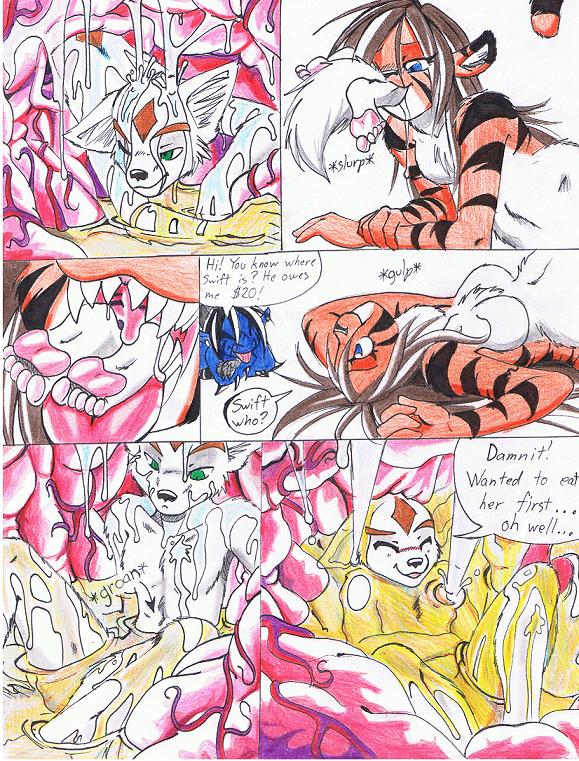 anthro breasts butt female hair internal male open_mouth size_difference text tongue uvula vore aquavore35 aqua_(aquavore35) katojana swiftayama canid canine felid fox mammal pantherine tiger comic english_text