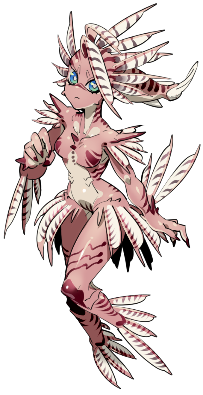 4_fingers anthro blue_eyes breasts countershading female fin fingers green_eyes head_tail multicolored_eyes non-mammal_breasts nude pink_body pink_skin red_stripes semi-anthro simple_background solo stripes white_background sidotama fish lionfish marine scorpaeniform hi_res