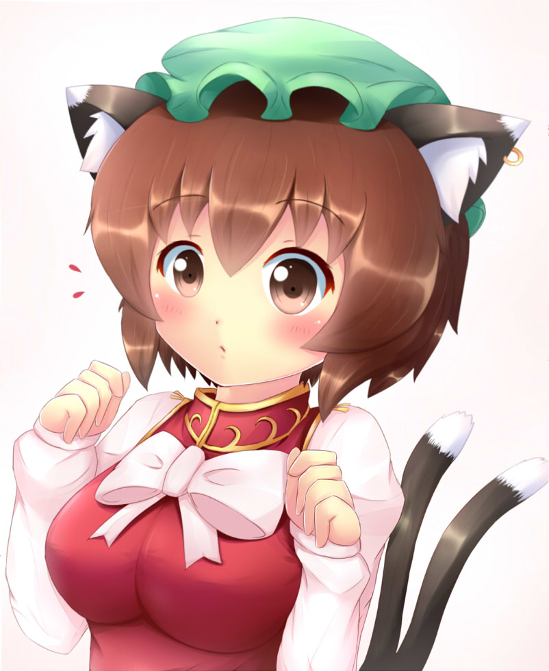 breasts brown_eyes brown_hair cat_tail clothed clothing ear_piercing female hair hat headgear headwear jewelry piercing ribbons simple_background solo white_background kane-neko touhou chen_(touhou) animal_humanoid cat_humanoid felid felid_humanoid feline feline_humanoid humanoid mammal mammal_humanoid