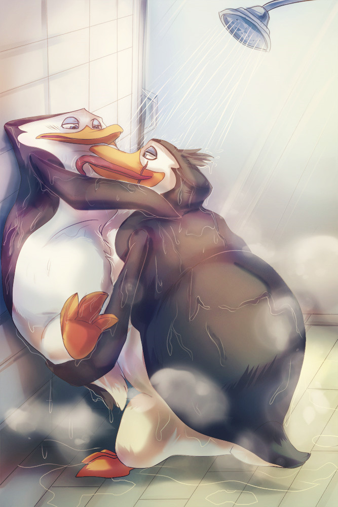 anthro beak duo licking male male/male scar shower tongue tongue_out leokatana dreamworks madagascar_(series) nickelodeon the_penguins_of_madagascar rico_(madagascar) skipper_(madagascar) avian bird penguin