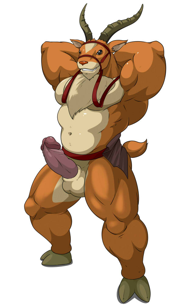 animal_genitalia anthro balls belly biceps bridle chest_tuft erection flexing fur genitals grin horn humanoid_genitalia humanoid_penis looking_at_viewer male musclegut muscular muscular_anthro muscular_male pecs penis pose red_body red_fur red_nose reins sheath simple_background slightly_chubby smile solo teeth thick_foreskin tuft white_body white_fur maldu ghibli princess_mononoke yakkul antelope bovid lechwe mammal reduncine 2014