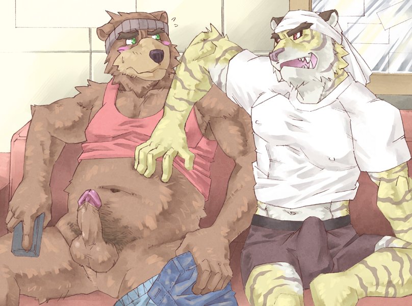 anthro belly blush bulge clothed clothing duo embarrassed erection erection_under_clothing genitals humanoid_genitalia humanoid_hands humanoid_penis kemono male male/male muscular navel penis shirt sitting slightly_chubby topwear underwear ryuta-h bear felid mammal pantherine tiger 2006 archived_source