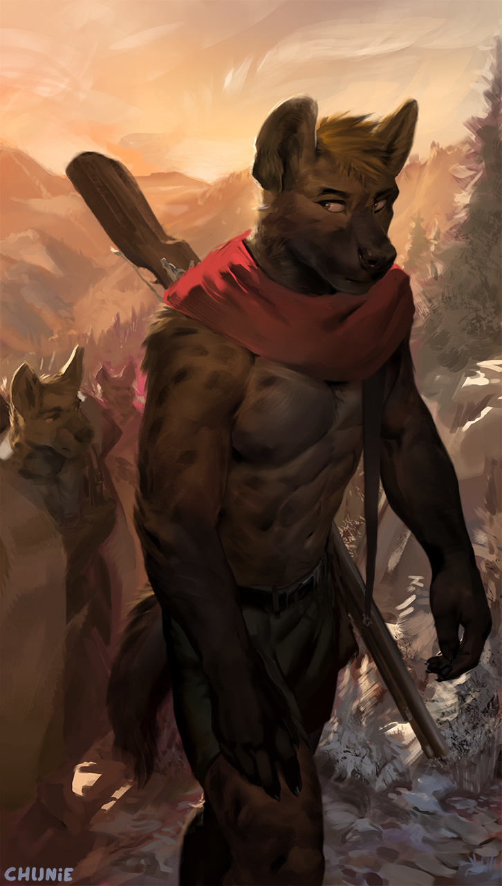 abs anthro arquebus athletic black_body black_fur brown_body brown_fur clothed clothing detailed_background forest fur group gun male mountain musket nipples outside plant ranged_weapon rifle solo_focus tan_body tan_fur topless tree weapon chunie hyena mammal spotted_hyena 2021 adobe_photoshop_(artwork) digital_media_(artwork) digital_painting_(artwork) hi_res painting_(artwork)