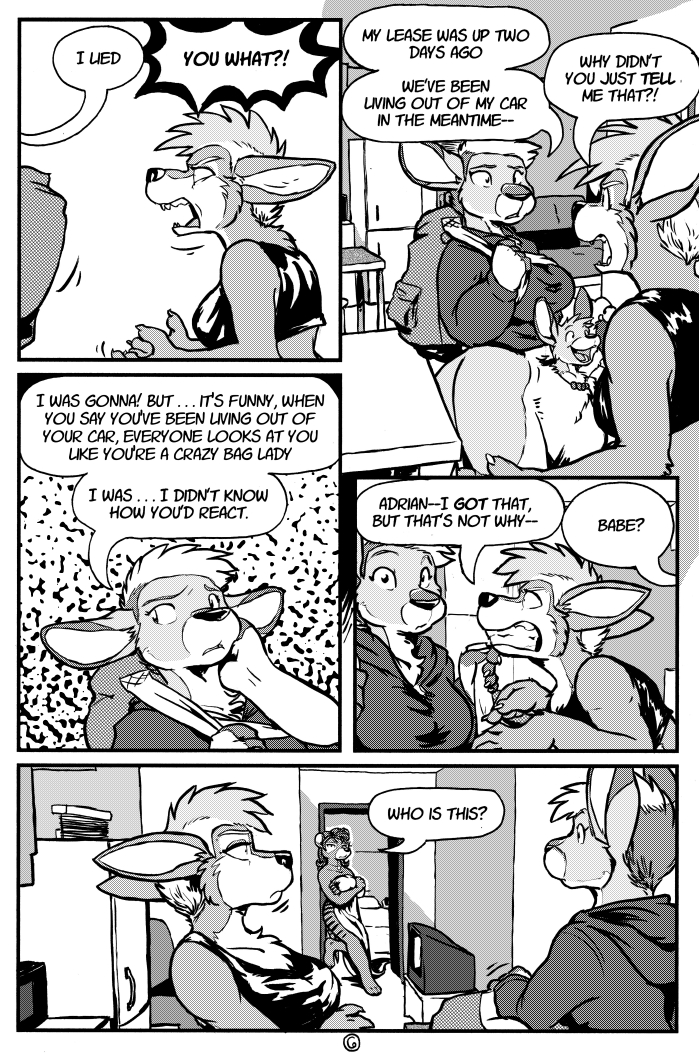 anthro bottomless casual_exposure clothed clothing dialogue female speech_bubble text rick_griffin ah_club adrian_gray ali_gray hildegard_rothschild olivia_van_der_sar canid canine canis dasyuromorph kangaroo macropod mammal marsupial recently_extinct_species thylacine wolf 2014 comic digital_media_(artwork) english_text monochrome mother_(lore) mother_and_child_(lore) mother_and_son_(lore) parent_(lore) parent_and_child_(lore) parent_and_son_(lore) son_(lore)