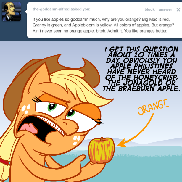 apple ask_jappleack blonde_hair clothing dialogue female feral food fruit green_eyes hair hat headgear headwear plant profanity solo text hotdiggedydemon friendship_is_magic hasbro my_little_pony tumblr applejack_(mlp) earth_pony equid equine horse mammal pony 1:1 english_text