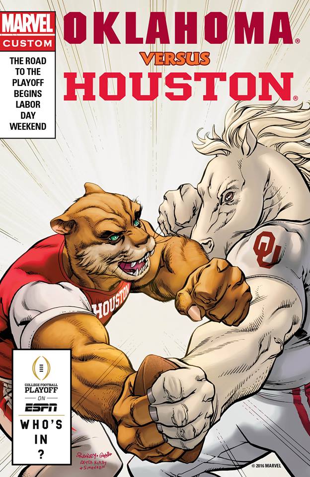 5_fingers american_football anthro claws clothing duo fight fingers fist fur green_eyes male muscular muscular_male open_mouth orange_body orange_fur sport text white_body white_fur rachelle_rosenberg tom_raney college_football espn houston_cougars marvel ncaa oklahoma_sooners equid equine horse mammal 2016 english_text official_art