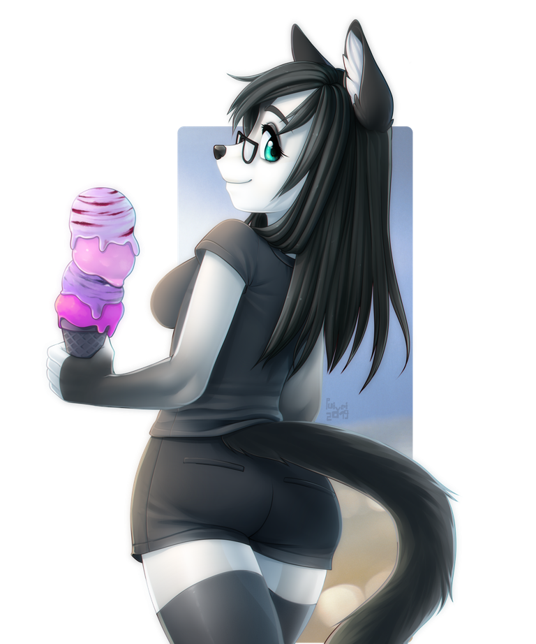 anthro clothed clothing dessert eyewear female food glasses ice_cream legwear looking_at_viewer looking_back outside smile solo standing thigh_highs puivei felid feline mammal alpha_channel