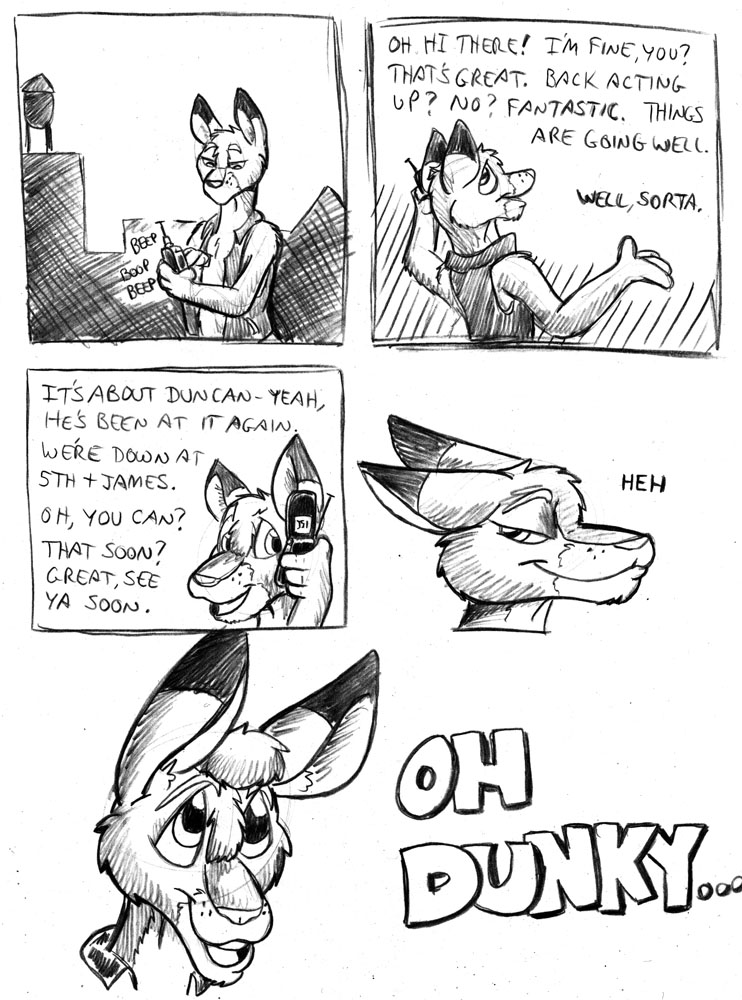 anthro cellphone clothed clothing dialogue dipstick_ears ear_markings electronics male multicolored_ears open_clothing open_mouth open_topwear open_vest phone solo text topwear vest flinters duncan_roo flinters_(character) kangaroo macropod mammal marsupial comic english_text monochrome