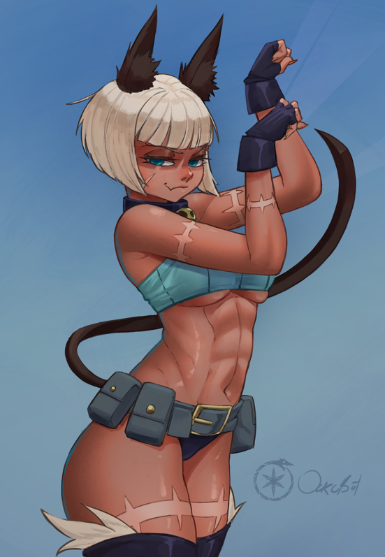 abs animal_ears animal_tail belt belt_pouch blue_background blue_bottomwear blue_clothing blue_eyes blue_gloves blue_handwear blue_topwear bottomwear breasts brown_hair clothing collar eyelashes female fingerless_gloves gloves hair handwear looking_at_viewer muscular muscular_female narrowed_eyes navel scar short_hair simple_background solo tail tan_body tan_skin thick_thighs topwear under_boob white_hair wide_hips ourobot skullgirls nadia_fortune animal_humanoid cat_humanoid felid felid_humanoid feline feline_humanoid humanoid mammal mammal_humanoid tailed_humanoid