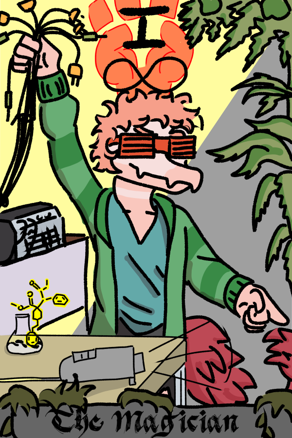 anthro as_above_so_below_pose cable card card_template chemistry clothed clothing detailed_background eyewear fortune_telling glasses hair major_arcana male pink_body pink_hair solo tarot tarot_card text the_magician_(tarot) stillzero cavemanon_studios goodbye_volcano_high snoot_game reed_(gvh) dinosaur dromaeosaurid prehistoric_species reptile scalie theropod velociraptor 2:3 digital_media_(artwork) english_text