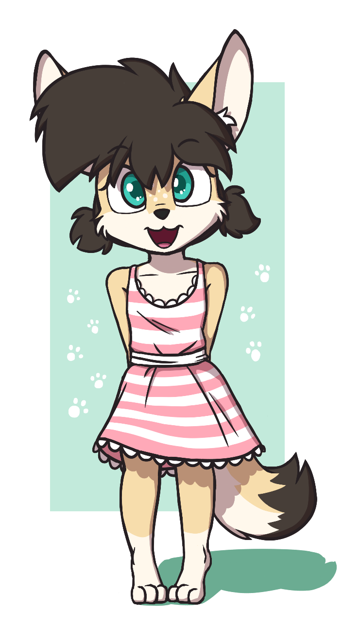 anthro brown_hair clothed clothing dress female footprint freckles fur green_eyes hair inner_ear_fluff looking_at_viewer open_mouth pawprint pigtails shirt simple_background smile solo standing topwear tuft young young_anthro aggie_(artist) kaelie canid canine fennec_fox fox mammal true_fox 2018 digital_media_(artwork) hi_res