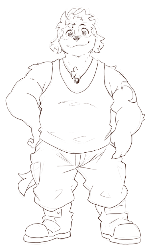 anthro clothing floppy_ears male shirt slightly_chubby smile solo standing tank_top tattoo topwear heylaw21 lifewonders live_a_hero hisaki_(live_a_hero) canid canine canis domestic_dog mammal line_art monochrome