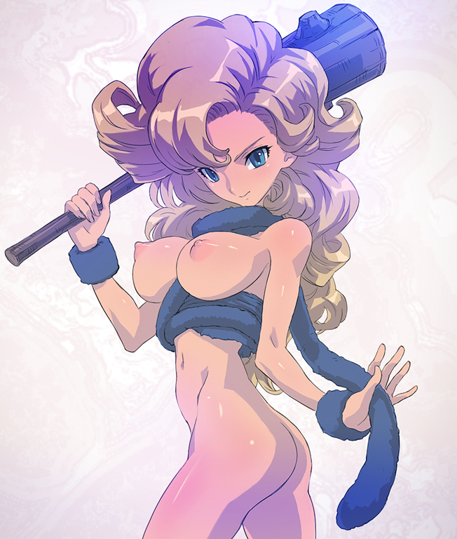 big_breasts blonde_hair blue_eyes bottomless breasts butt clothed clothing club_(weapon) female hair looking_at_viewer melee_weapon navel nipples not_furry prehistoric simple_background solo weapon white_background bitchen chrono_trigger square_enix ayla_(chrono_trigger) human mammal