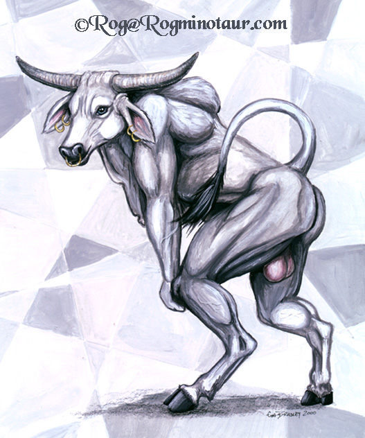 anthro balls bent_over biped blue_eyes butt ear_piercing ear_ring facial_piercing fur genitals hooves horn jewelry male nose_piercing nose_ring nude piercing ring_piercing simple_background solo white_body white_fur rog_minotaur european_mythology greek_mythology mythology bovid bovine cattle mammal minotaur zebuine_cattle 2000 traditional_media_(artwork)