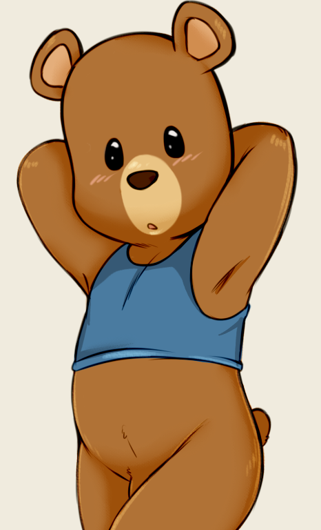 anthro bear_tail belly black_eyes blue_clothing blush bottomless brown_body brown_fur clothed clothing fur genitals male partially_clothed penis penis_base pose shirt simple_background solo tank_top topwear uncomfortable white_background young young_anthro young_male dandi dandidoo_(artist) maple_town shin_maple_town_monogatari bobby_(maple_town) bear mammal pinup