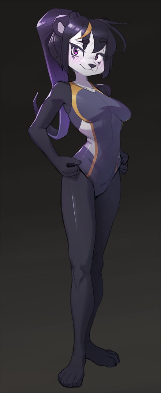 anthro black_body black_fur black_hair black_nose blonde_highlights breasts clothing eyebrow_through_hair eyebrows eyelashes feet female fur hair hands_on_hips highlights_(coloring) one-piece_swimsuit ponytail purple_eyes solo swimwear translucent translucent_hair white_body white_fur akiratan bear giant_panda mammal 2024 hi_res