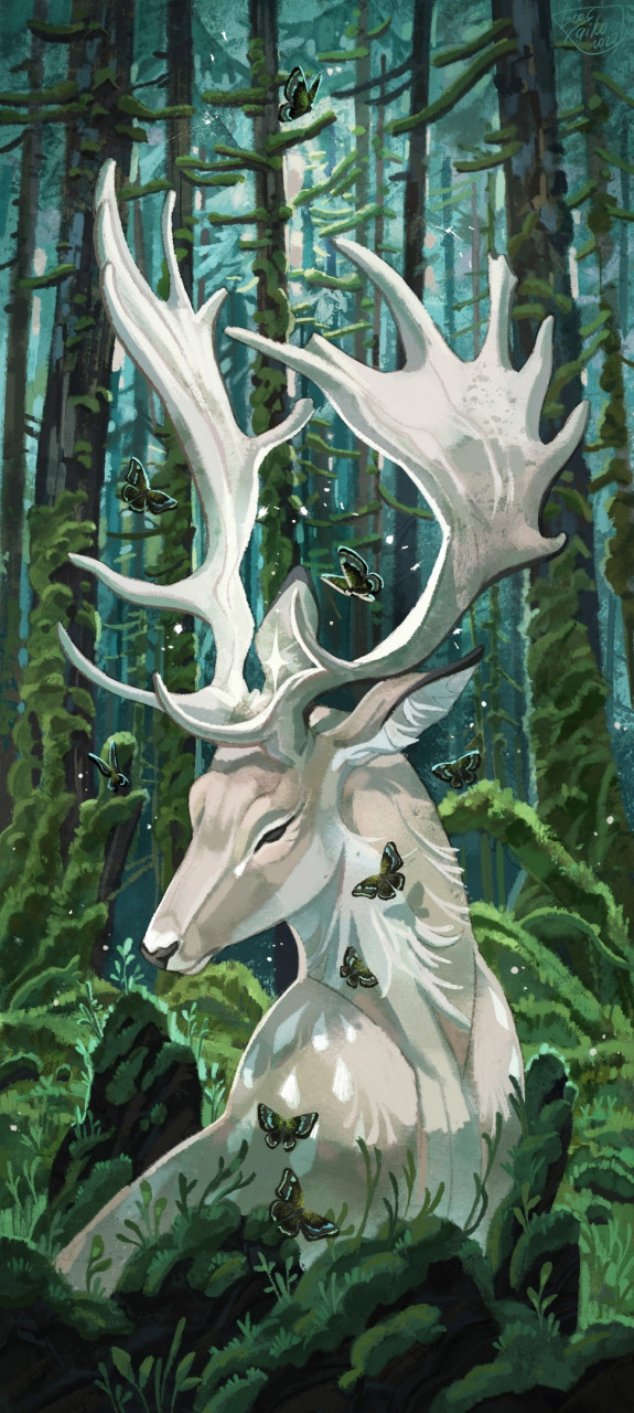 antlers day detailed_background feral forest fur grass horn male moss outside plant solo tan_body tan_fur tree white_body white_fur geosaiko1267 deer mammal 2022 digital_media_(artwork) hi_res